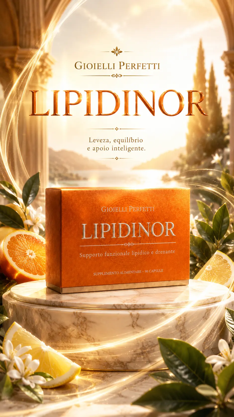 Embalagem LIPIDINOR® em ambiente mediterrânico dourado