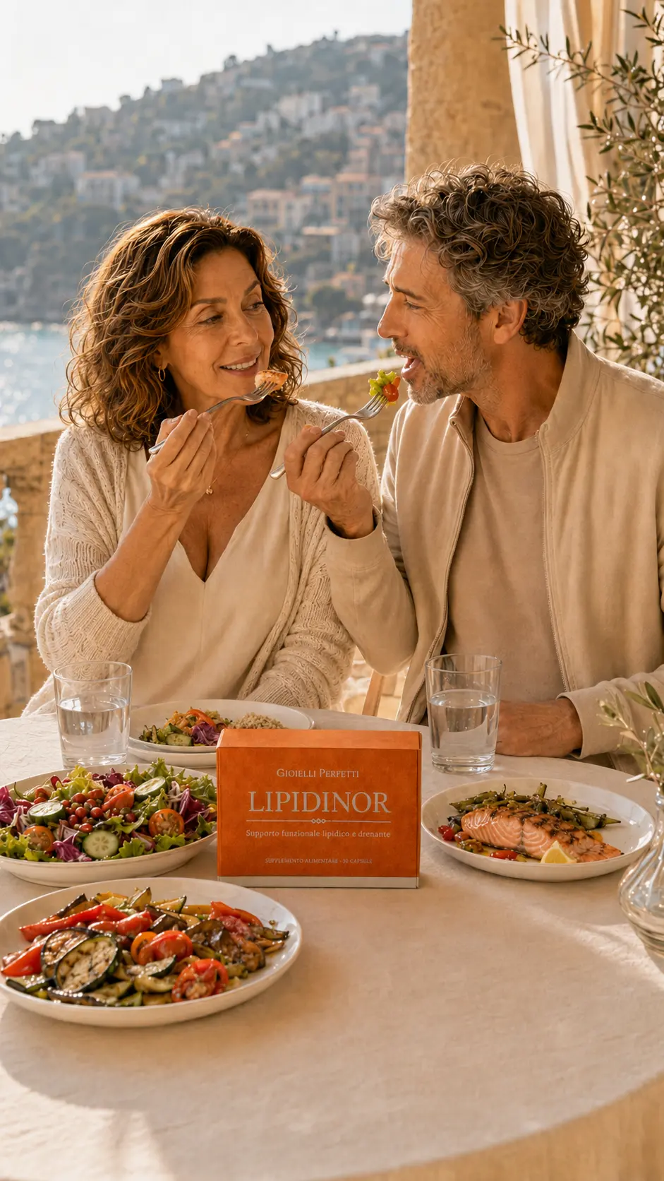 Casal adulto a partilhar uma refeição mediterrânica equilibrada